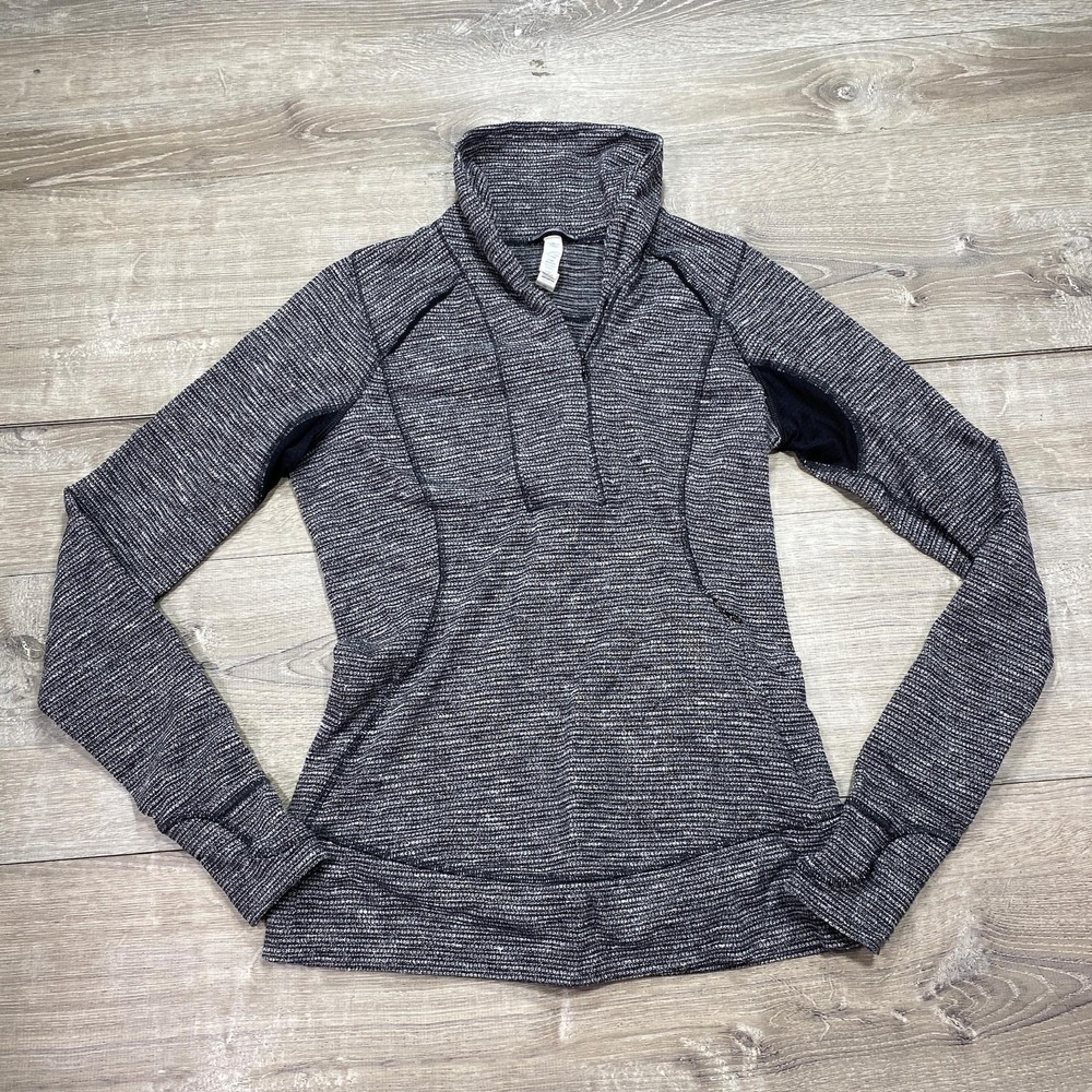 Lululemon Pullover Jacket Womens 4 Gray Stripe Funnel Neck Thumbholes‎ Running